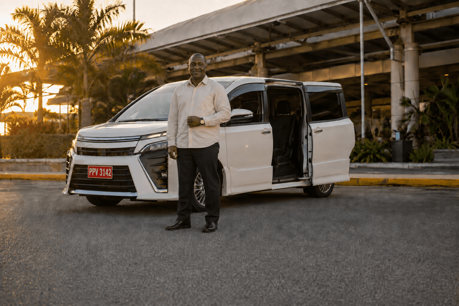 An Island Mystiq driver standing beside a white Toyota minivan with the passenger door open at Montego Bay airport arrivals